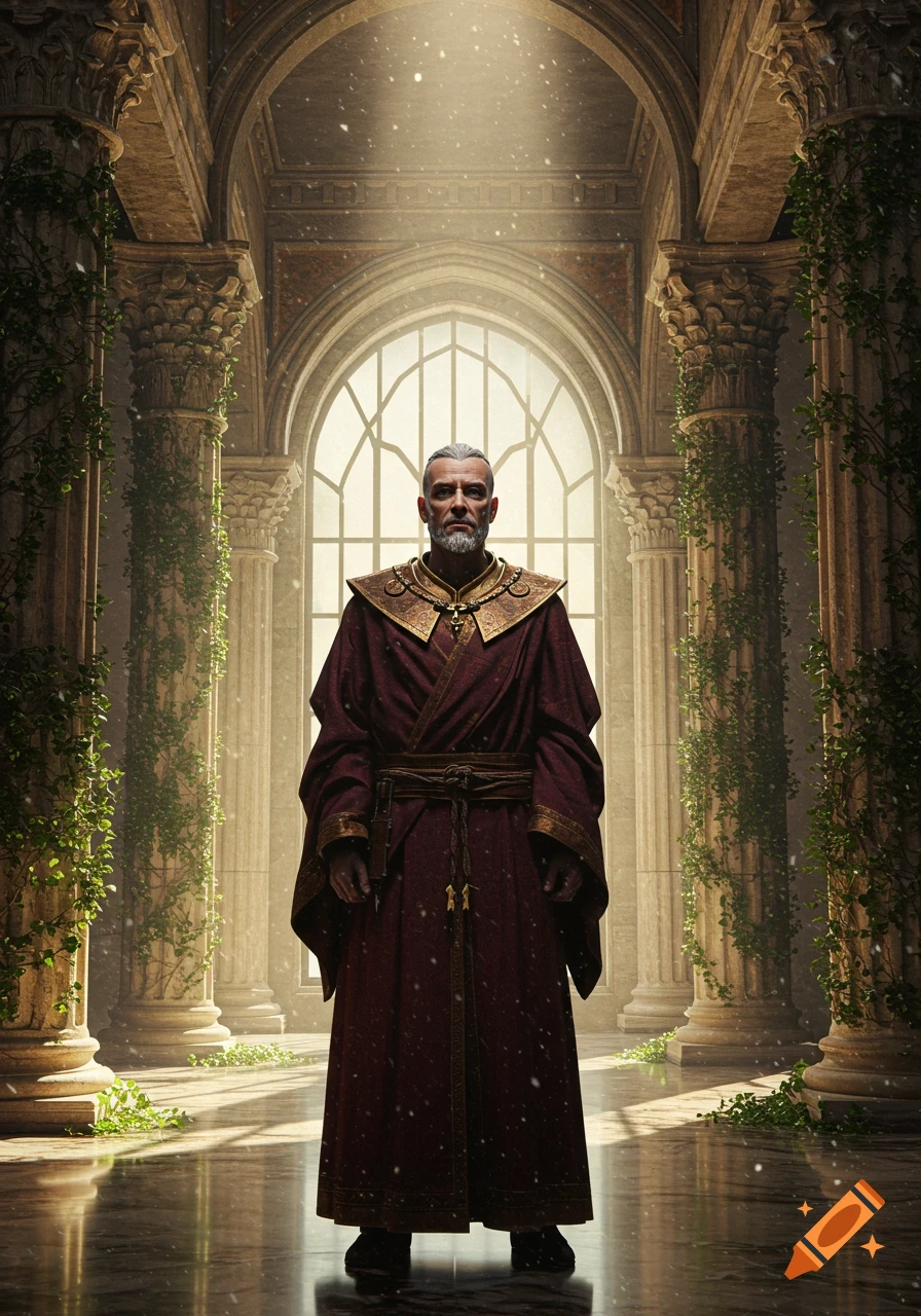 A wise, stoic man with a grey beard in a red robe stands in a grand ancient hall with ivy-covered pillars and bright light.