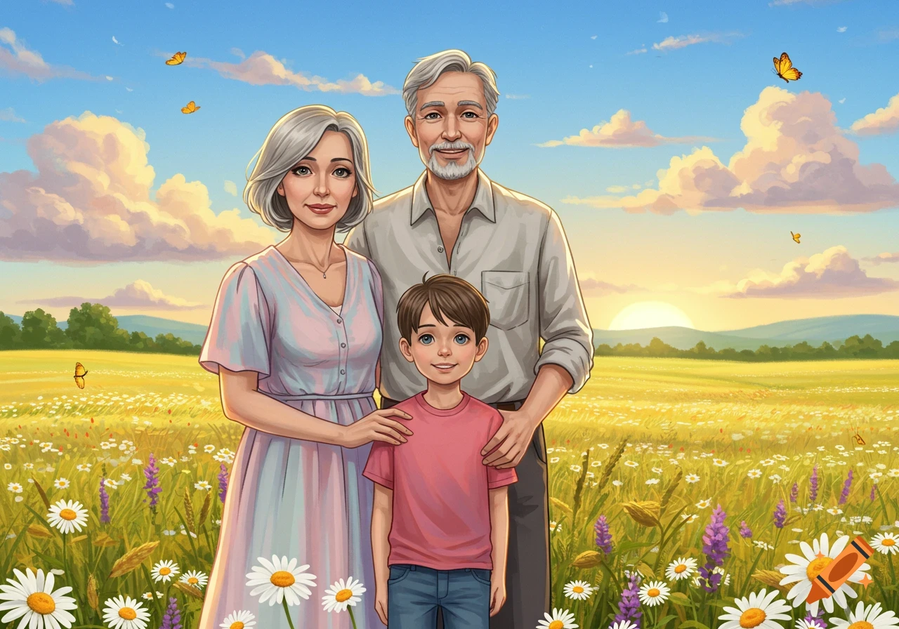 An illustration of grandparents and a young boy standing in a vibrant wildflower field at sunset, with butterflies.