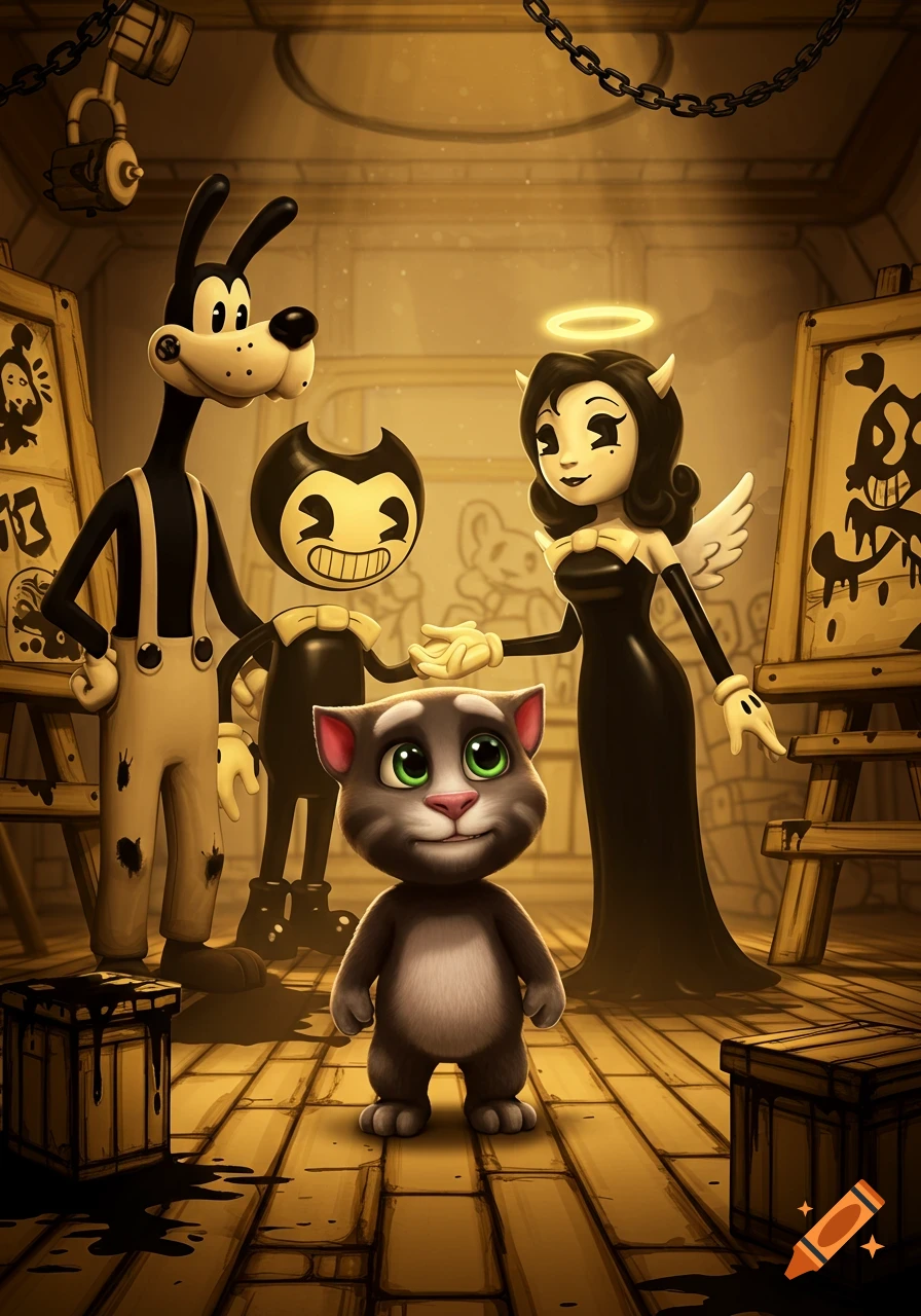 Talking Tom stands in the foreground with Bendy, Alice Angel, and Boris behind him in an old cartoon studio with ink stains.