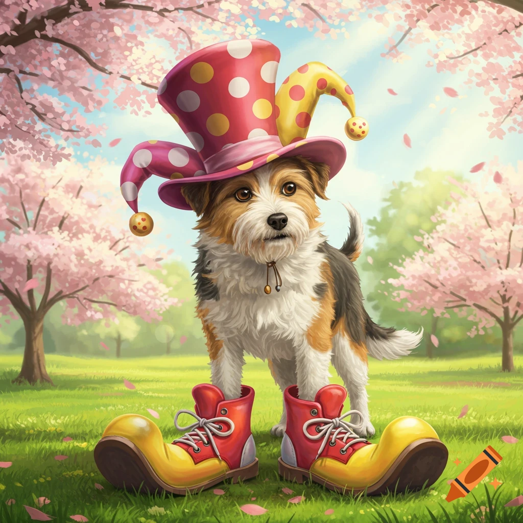 A cute dog wearing a pink polka-dot jester hat and oversized red and yellow clown shoes stands in a grassy park with cherry blossom trees.