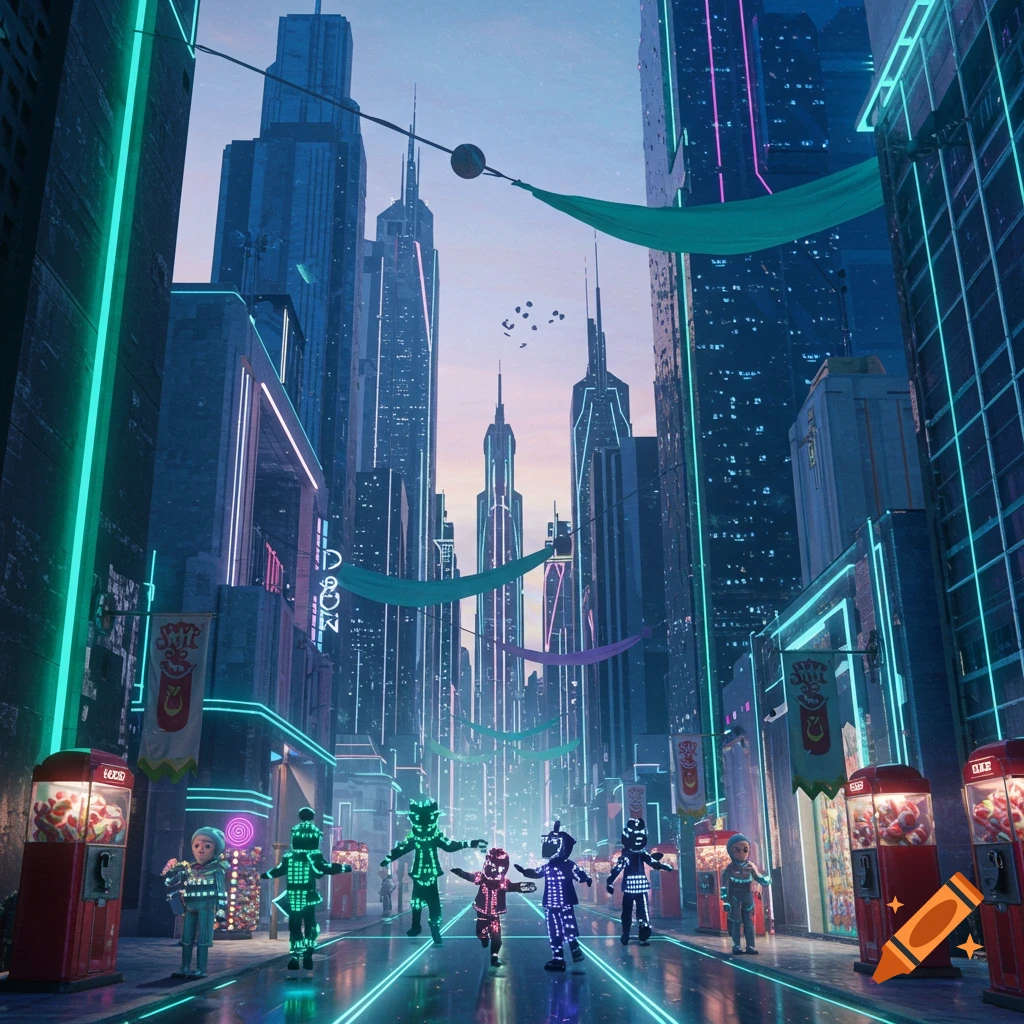 Stylized characters in glowing costumes trick-or-treating down a neon-lit futuristic art deco city street with towering skyscrapers.