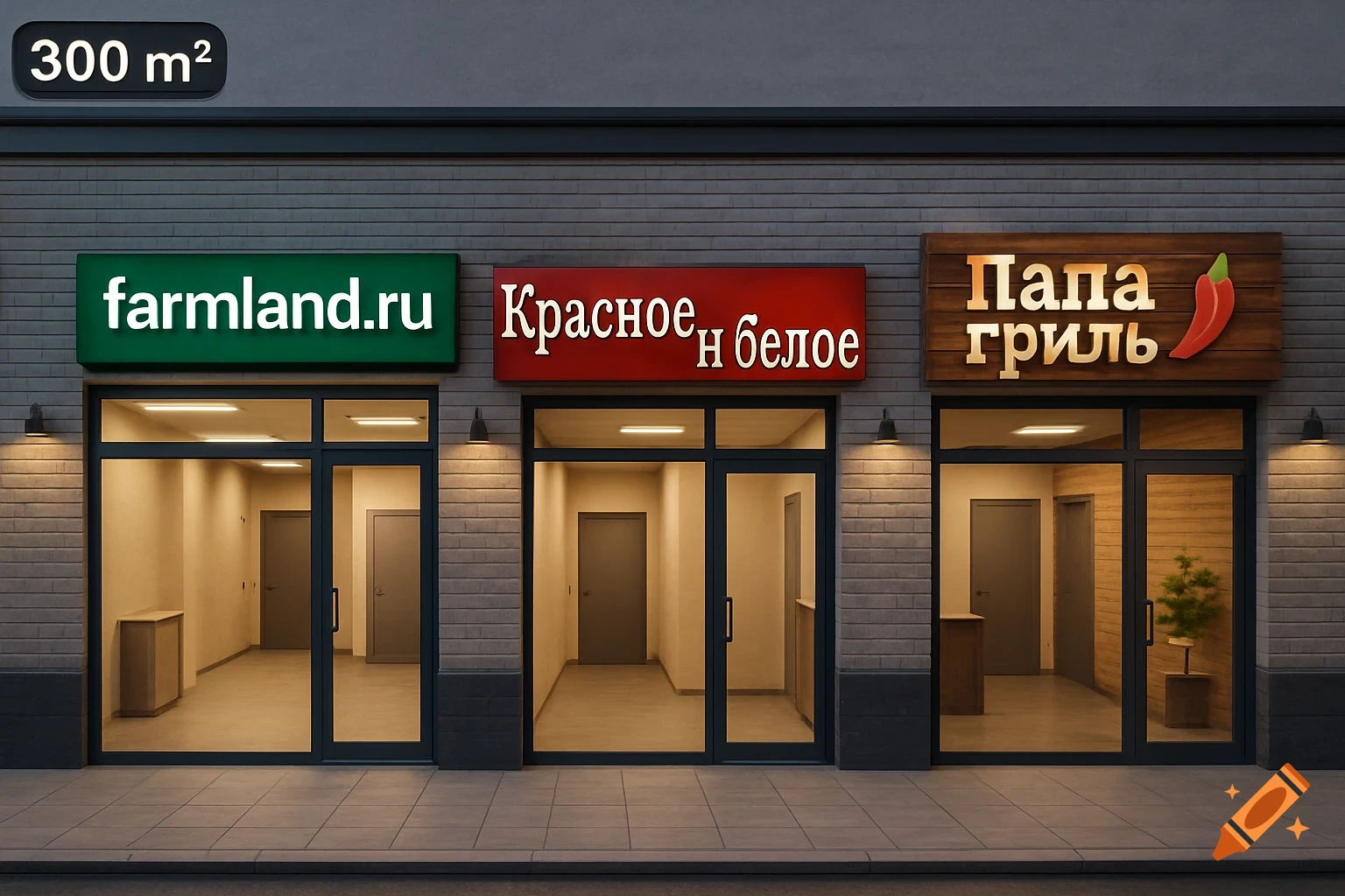 A 3D visualization of a modern brick building facade with three storefronts. The left sign reads "farmland.ru", the middle reads "КрасноеНбелое", and the right reads "Папа гриль" with a red chili pepper. A '300 m²' sign is at the top left.