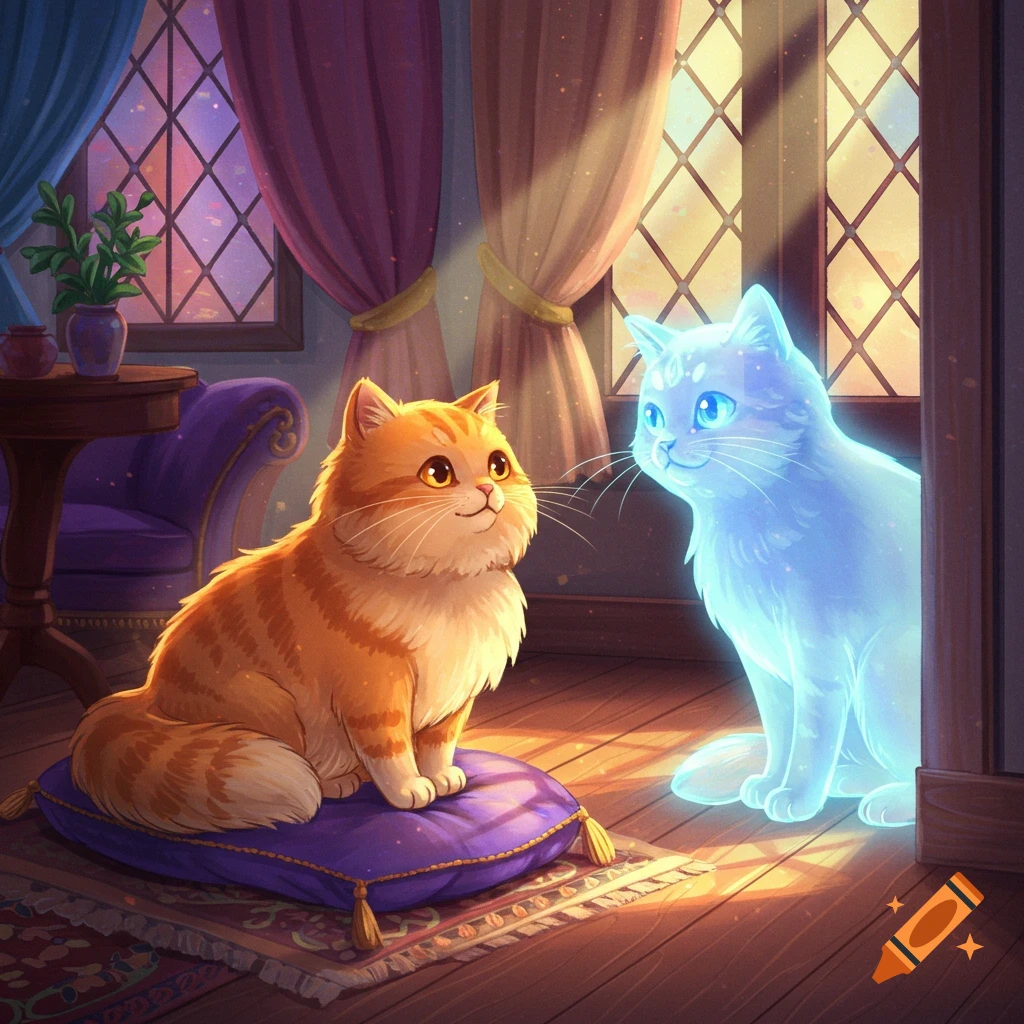 A cartoon orange cat sits on a purple pillow, looking at a glowing blue transparent cat by a window in a cozy room.