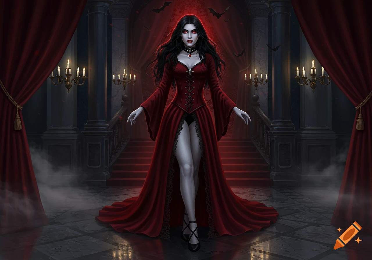 A striking female vampire in a long red gown stands in a dark, opulent gothic hall with red curtains and lit candelabras.