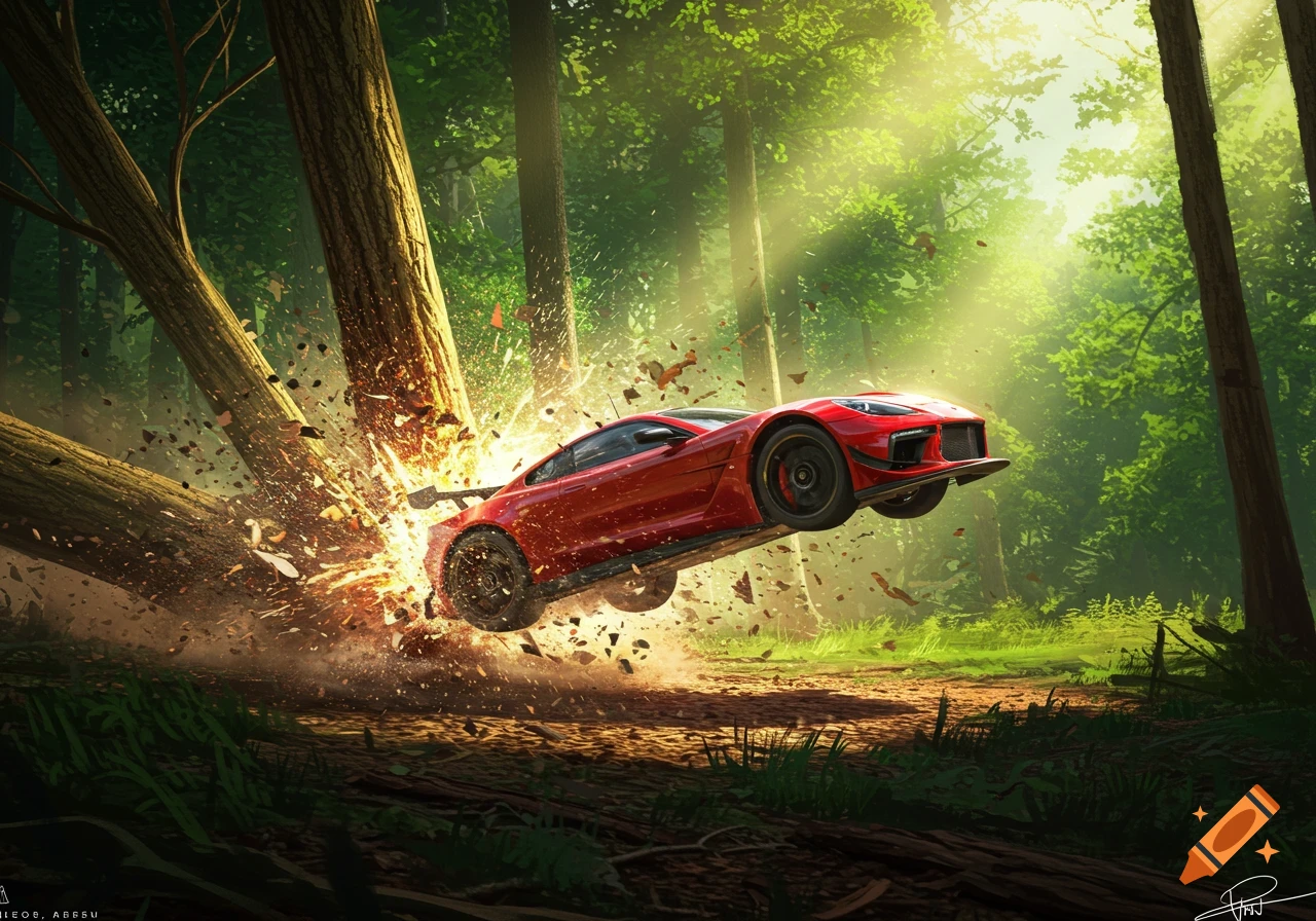 A red sports car crashes violently into several trees in a sun-drenched forest, sending debris flying in all directions.