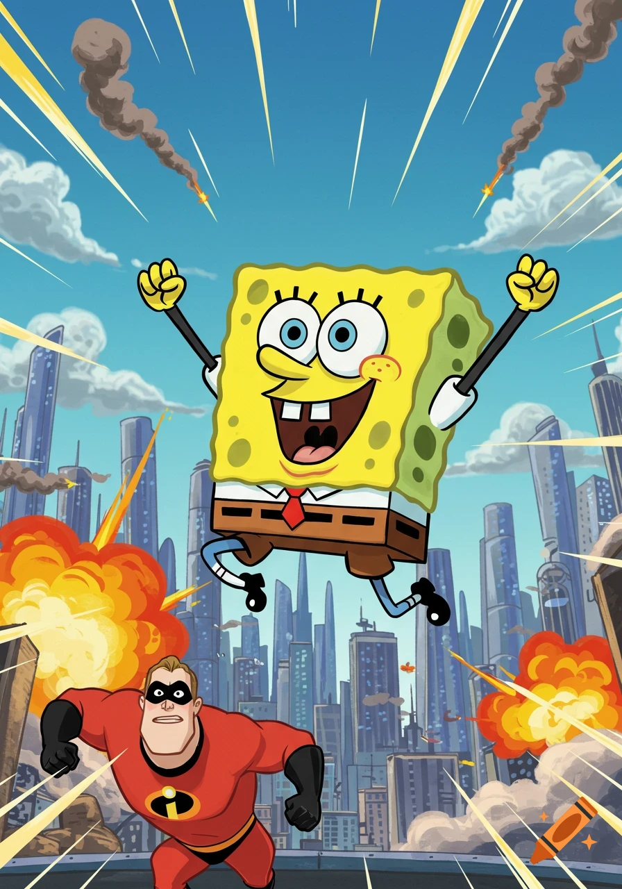 SpongeBob SquarePants leaps joyfully above Mr. Incredible running through a cartoon city under attack with explosions and falling meteors.