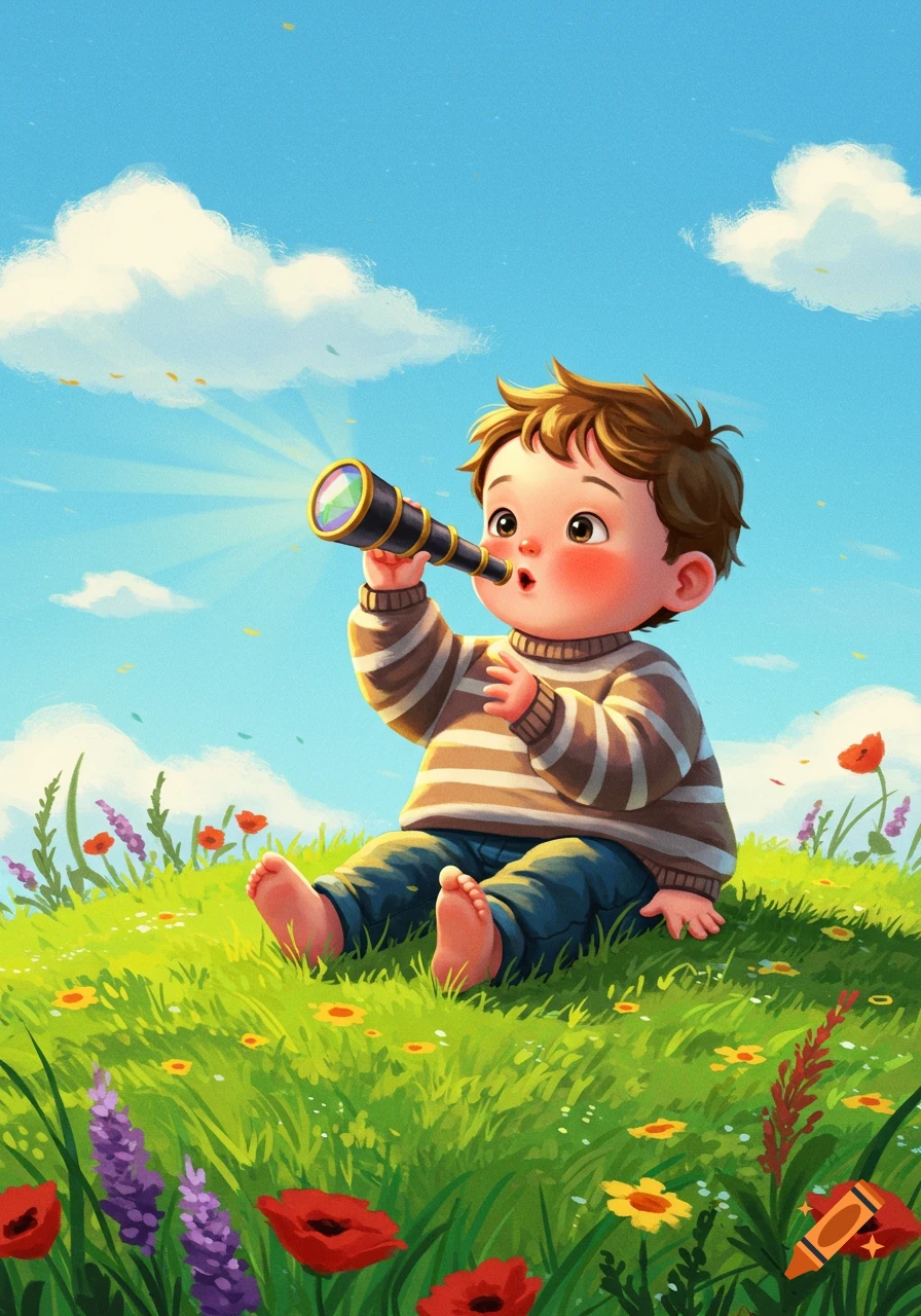 An adorable cartoon boy sits in a vibrant green field with flowers, looking through a telescope into a blue sky.