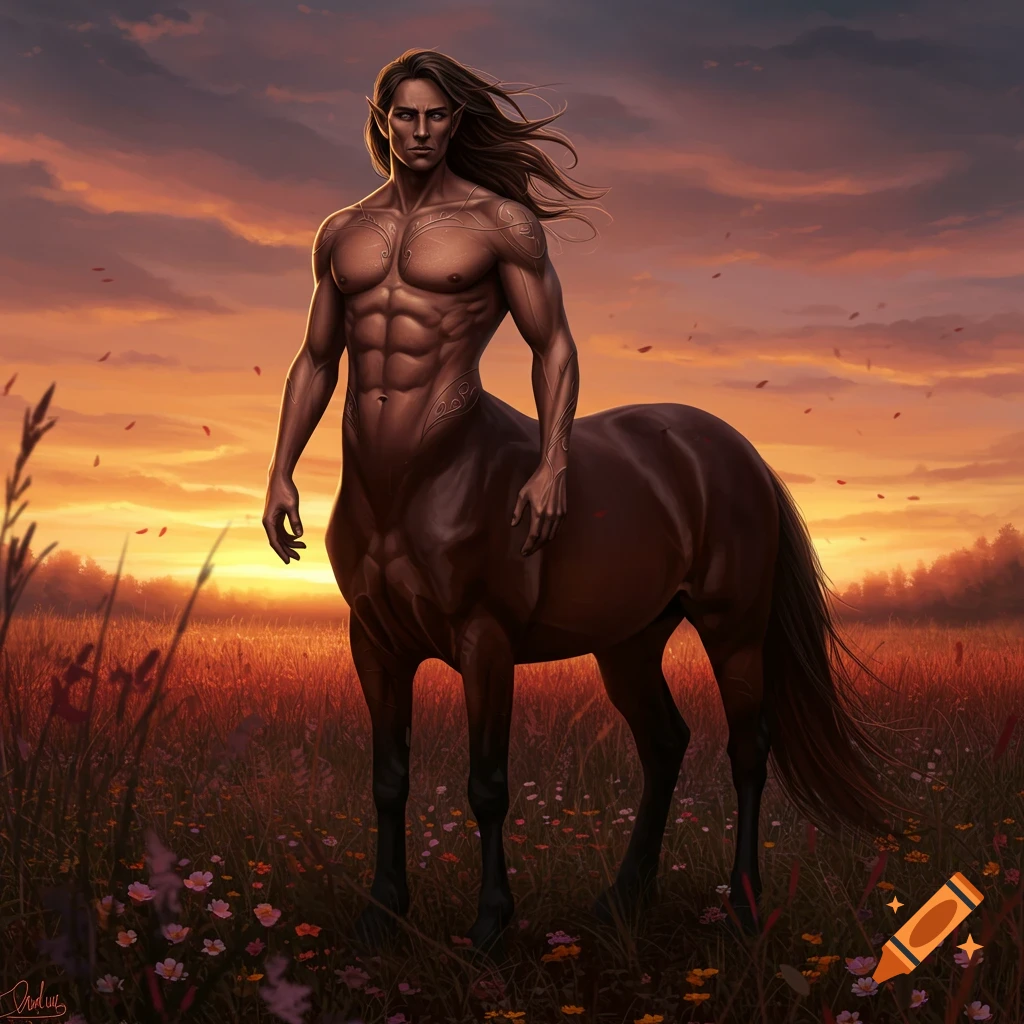 A muscular male centaur with long hair stands shirtless in a wildflower field at sunset, rendered in a photorealistic digital art style.
