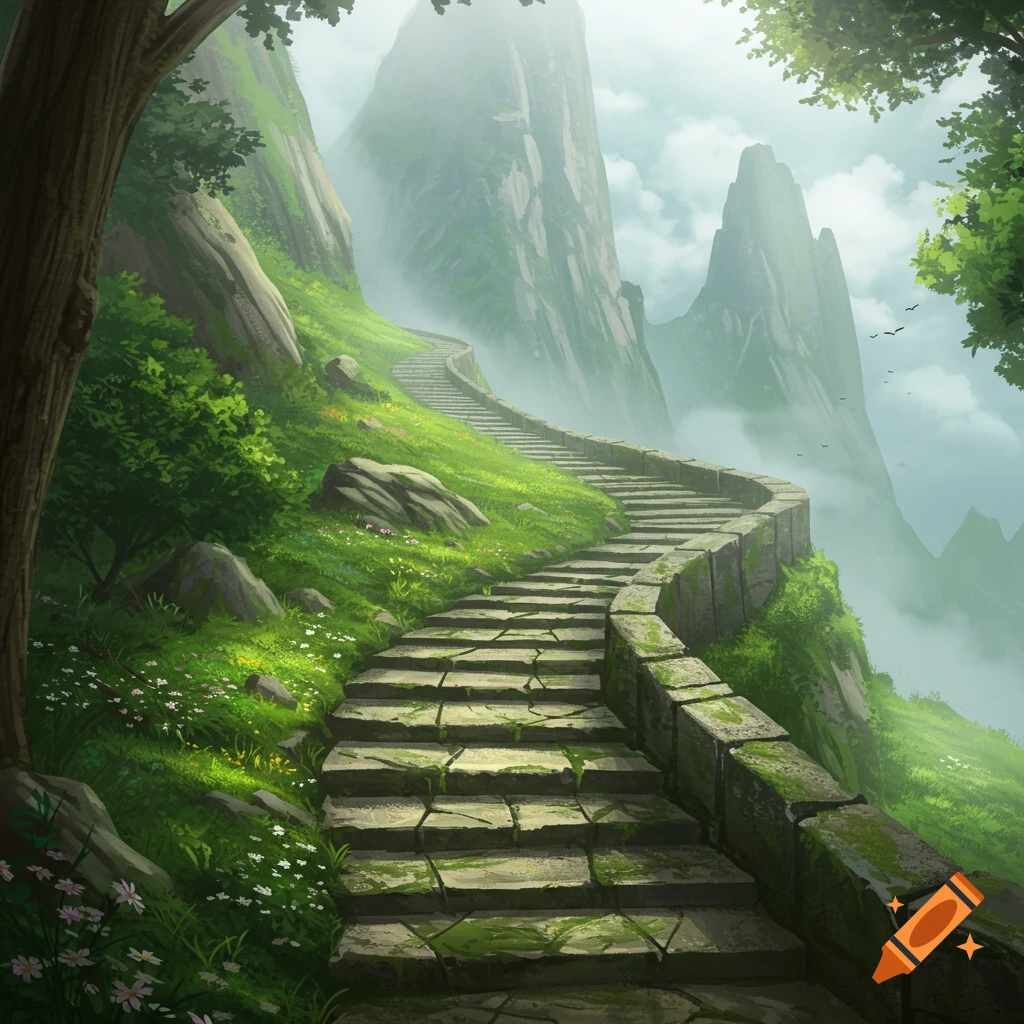 A winding stone staircase ascends a lush green, misty mountain with tall peaks and trees under a bright sky.