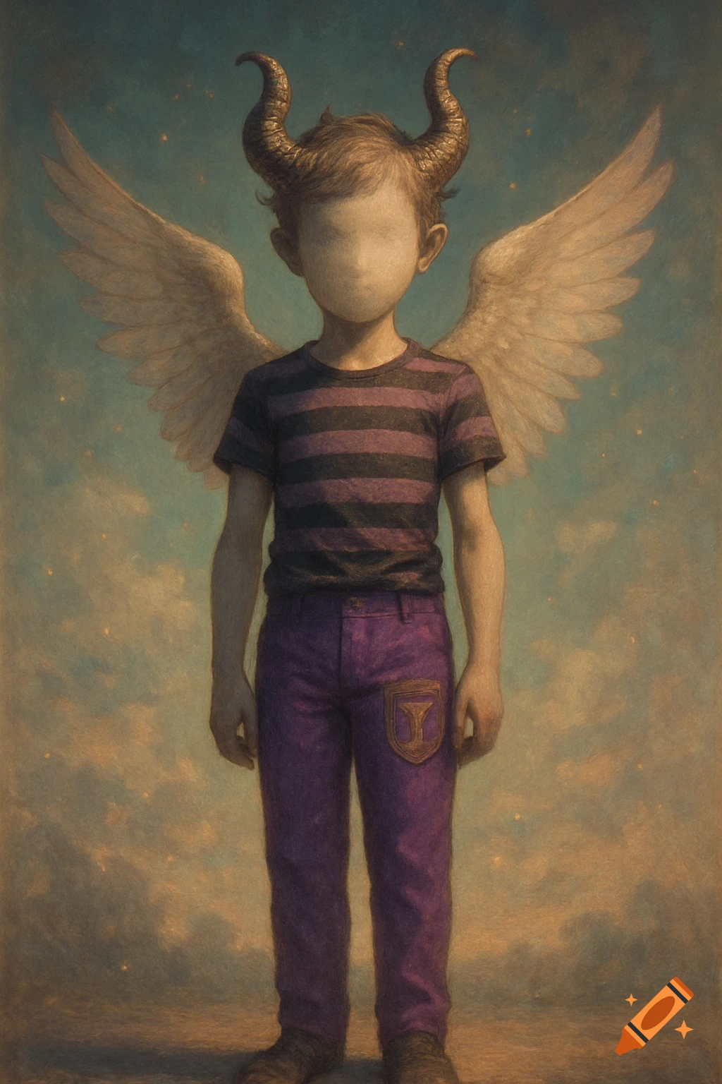 Painterly boy with horns, wings, and a blank face, in a striped shirt and purple Y-crest pants, against a cloudy sky.
