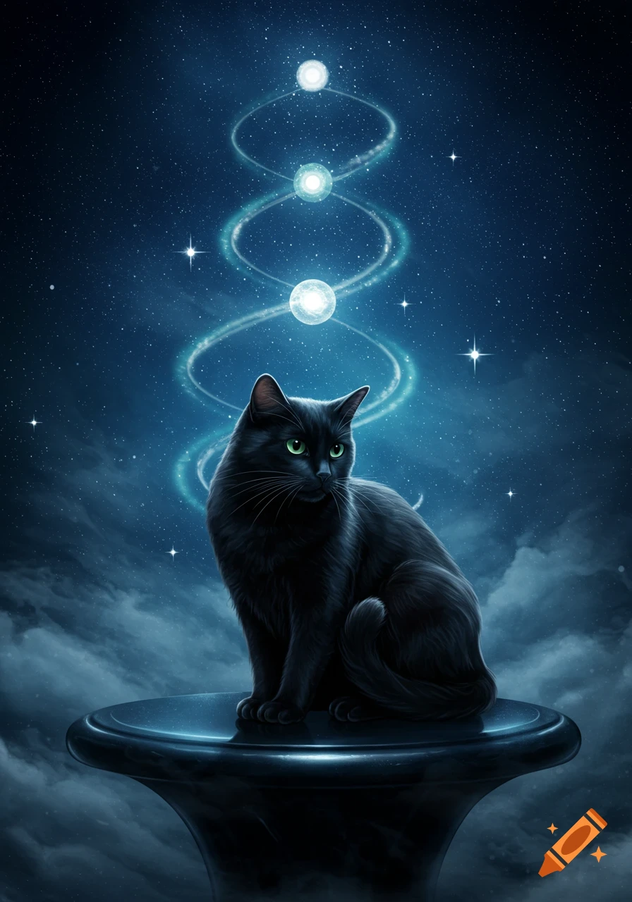 A sleek black cat with green eyes sits on a dark pedestal under a starry night sky with glowing orbs forming a double helix.