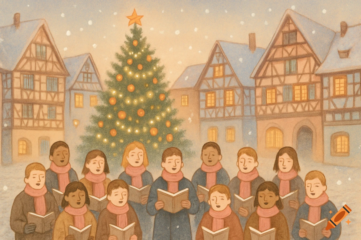 An illustrated choir of people in pink scarves sing carols in a snowy Alsatian village with a decorated Christmas tree.