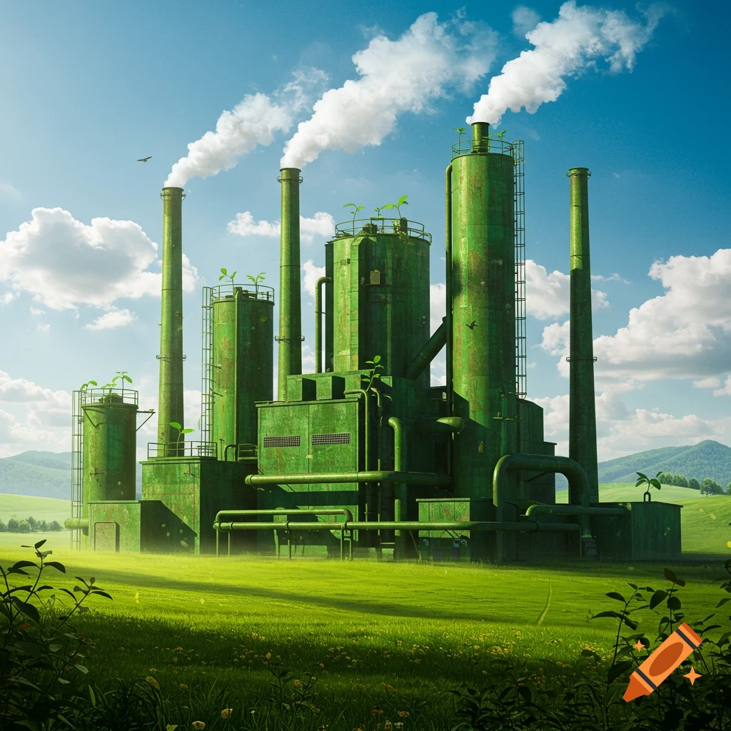 A vibrant green factory with smoking chimneys stands in a lush field under a blue sky, with small plants growing on its structures.