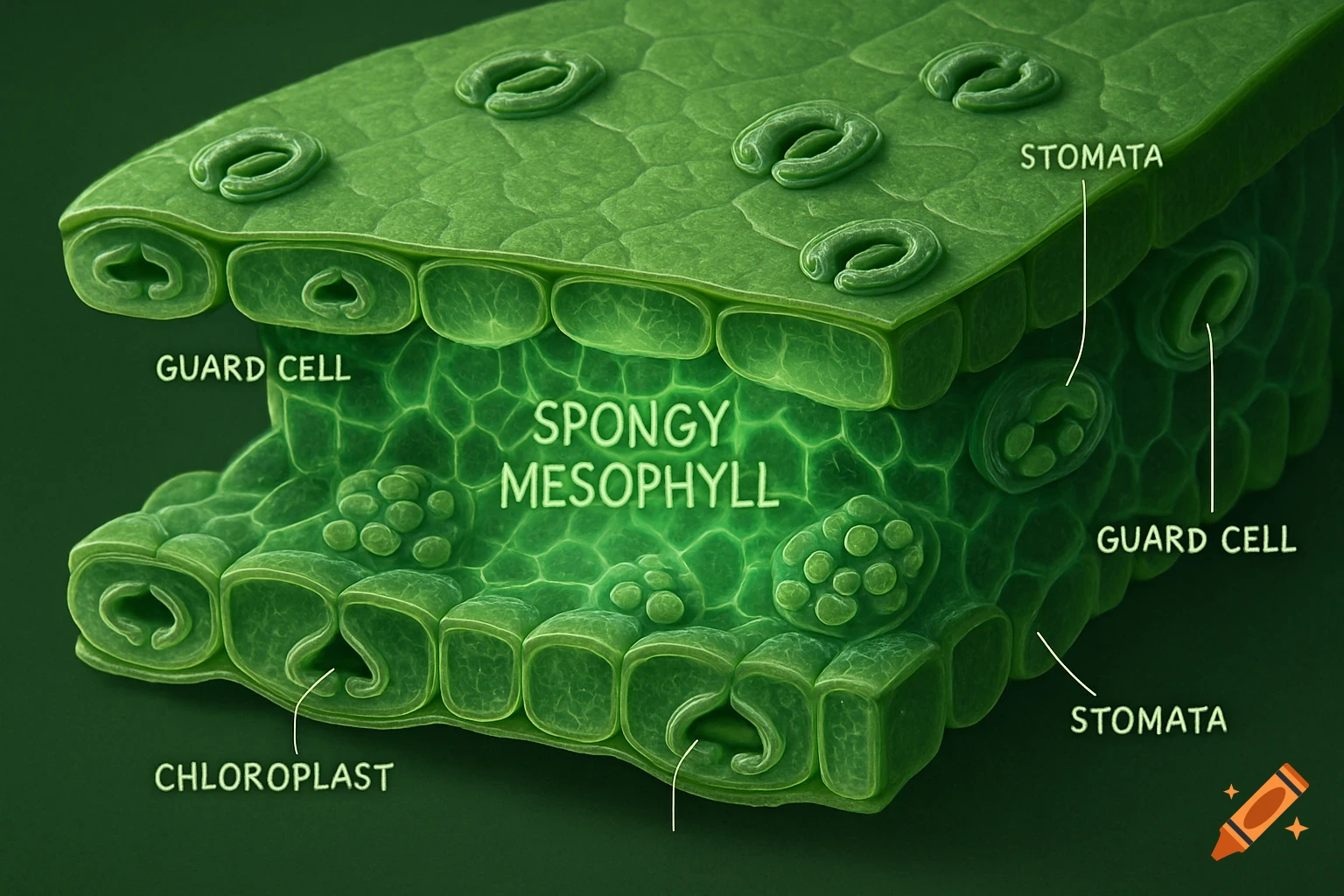 Detailed cross-section of a green leaf with labels for stomata, guard cells, spongy mesophyll, and chloroplasts, in a scientific illustration.