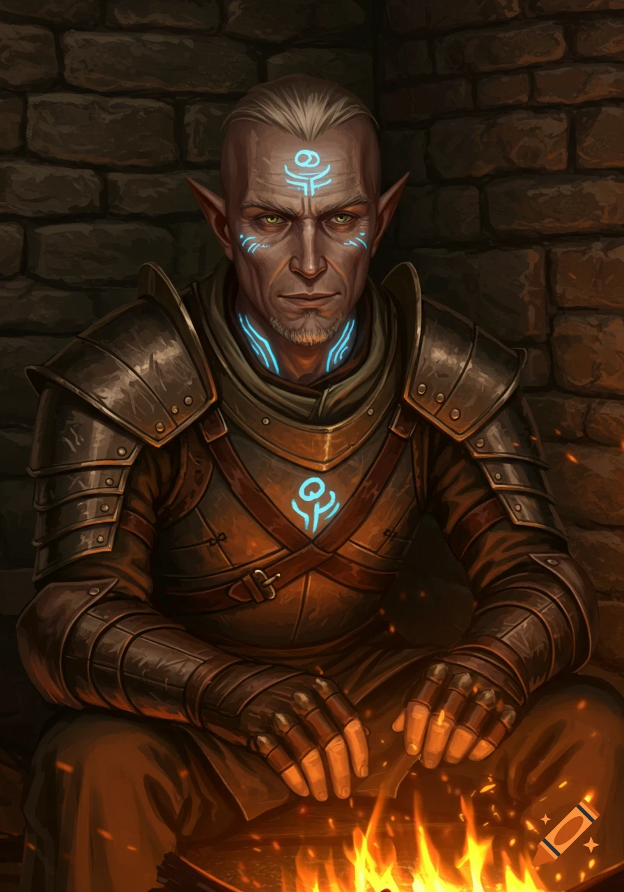Detailed portrait of a middle-aged, armored elf with glowing blue tattoos sitting in front of a fire.