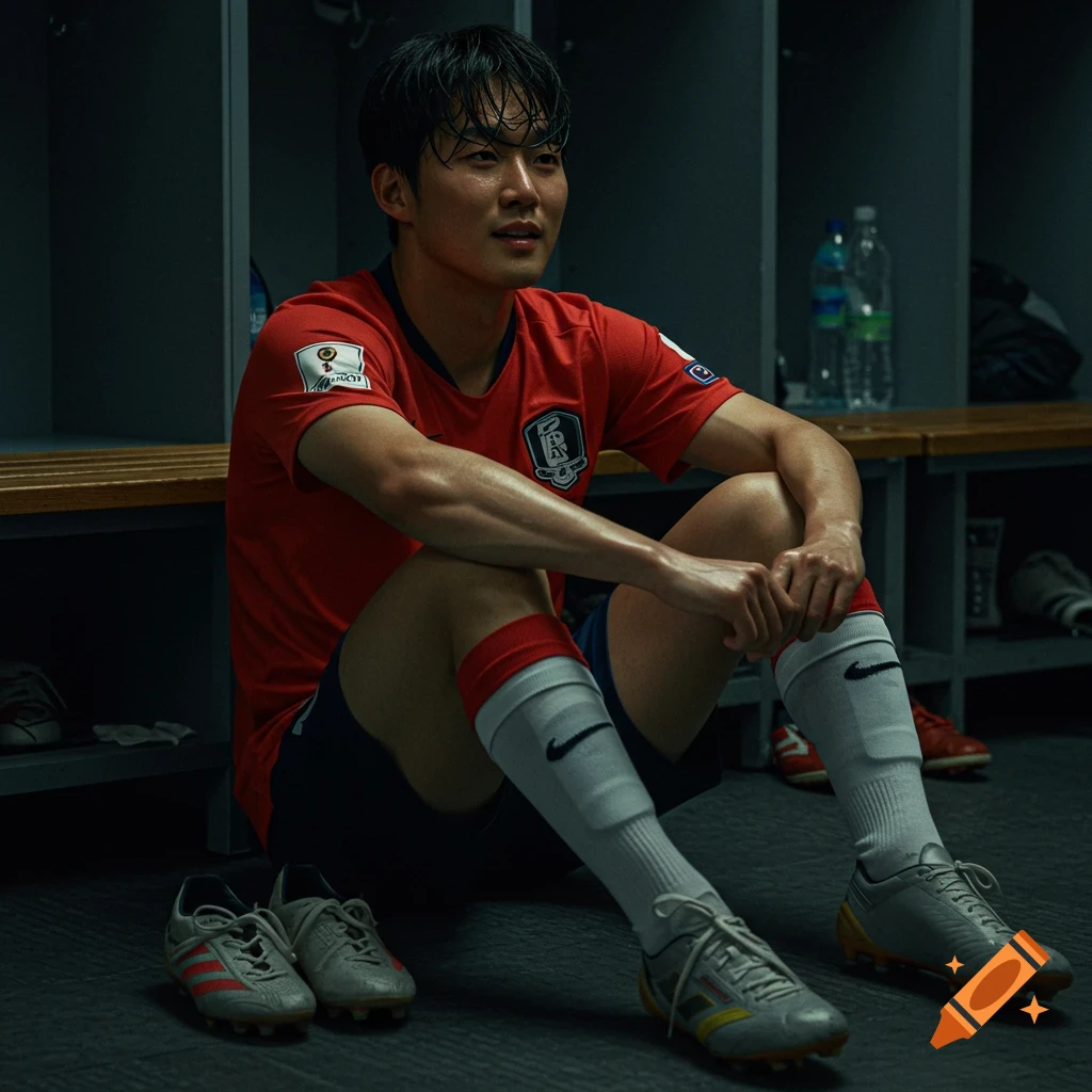 Photorealistic portrait of a tired Korean male soccer player in a red jersey, sitting on a locker room floor.