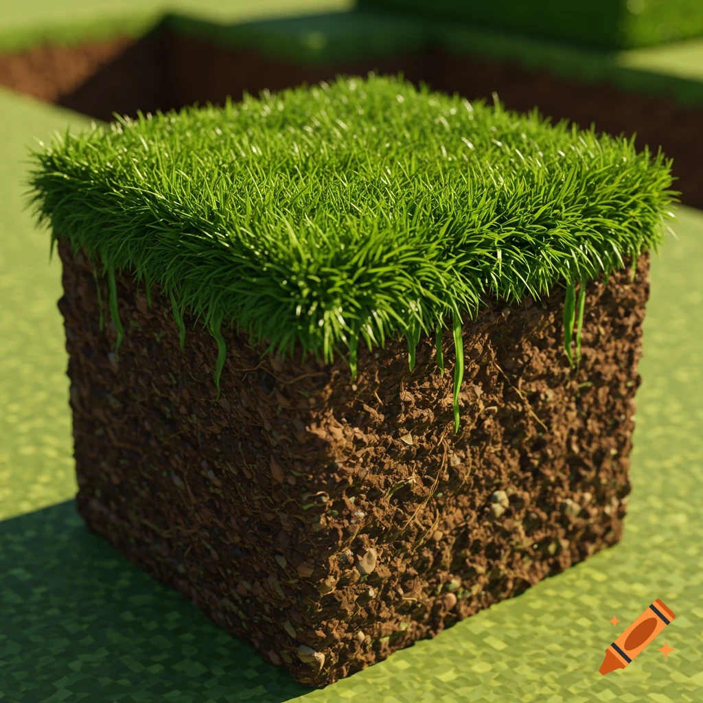 A hyper-realistic 3D render of a Minecraft grass block with detailed green grass and soil textures.