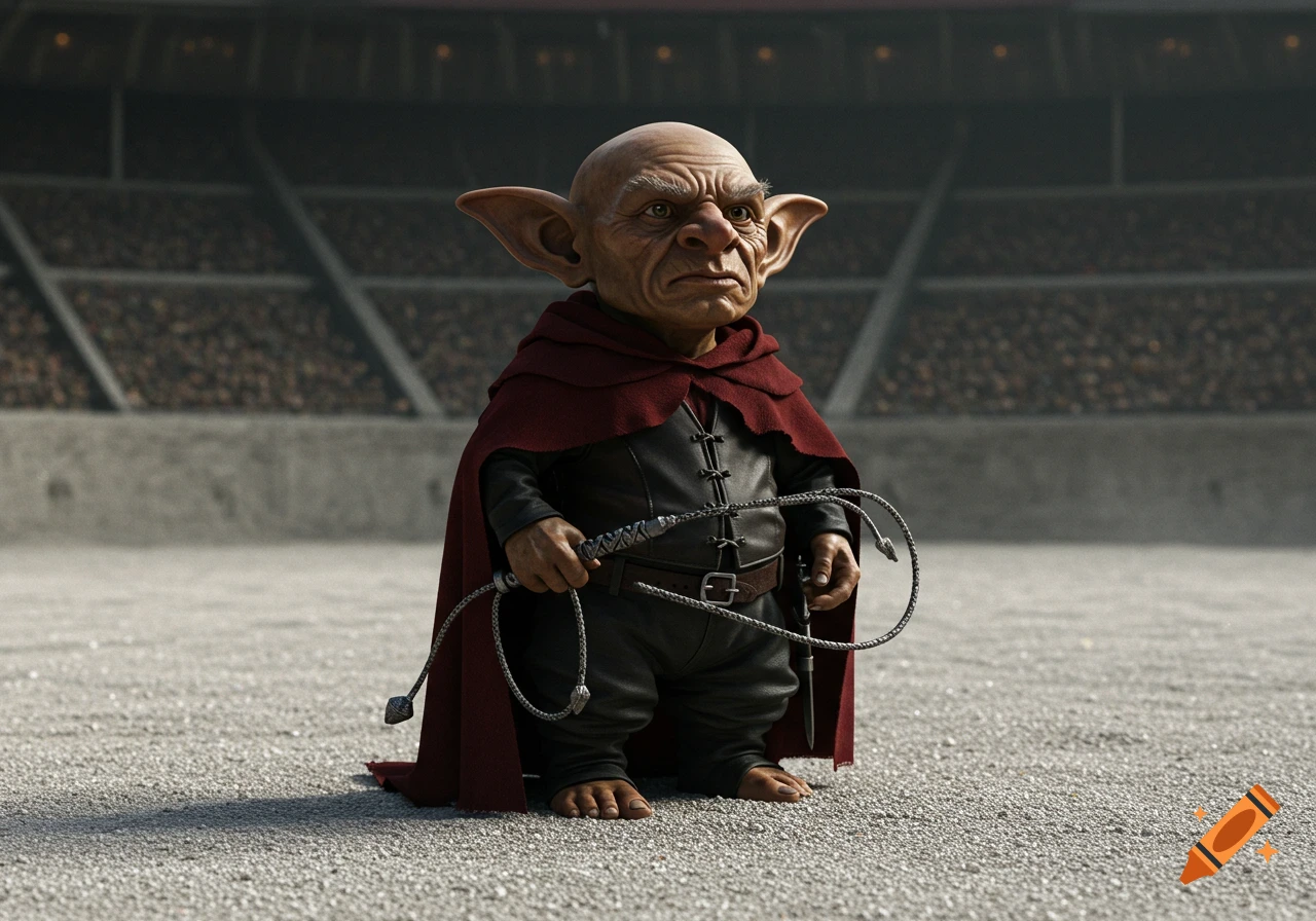 A photorealistic, grim-faced, bald goblin with large ears, wearing a red cloak and black leather, stands in an arena holding a silver whip.