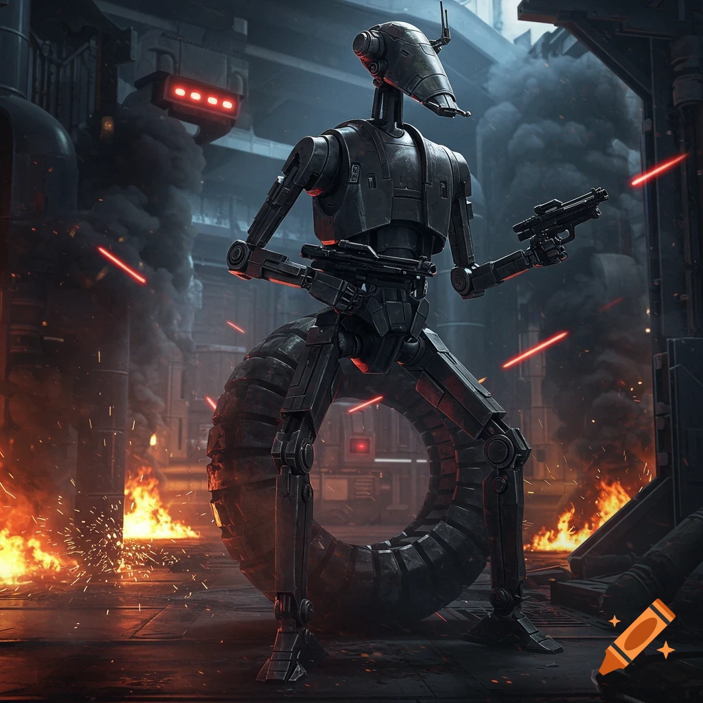 A dark, bipedal combat robot with a slender head and two blasters stands amidst fire, smoke, and laser blasts in a chaotic industrial setting, with a large, textured ring behind its legs.