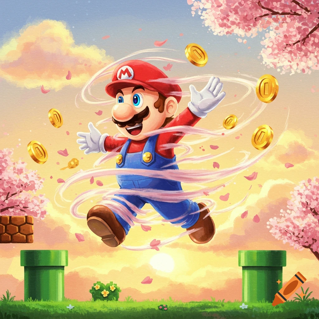Mario jumps through a colorful, painterly landscape with cherry blossoms, golden coins, and green pipes under a sunny sky.
