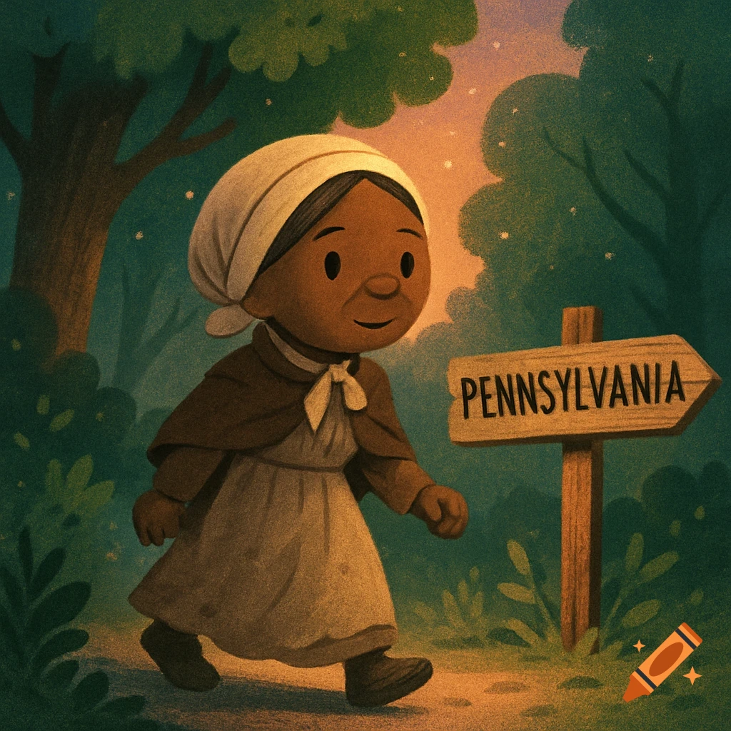 A 2D kidlike illustration of Harriet Tubman walking through a forest past a sign pointing to Pennsylvania.