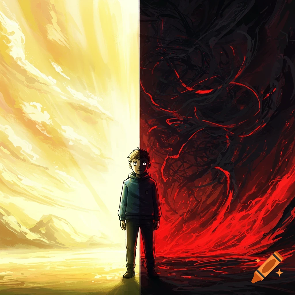 A cartoon image of a person split vertically down the middle, half bathed in golden light and peace, half engulfed in dark, red, chaotic shadows.