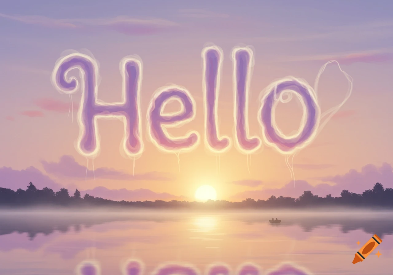 Cloud-like purple letters spell 'Hello' above a calm lake with a sunset, reflecting in the water.