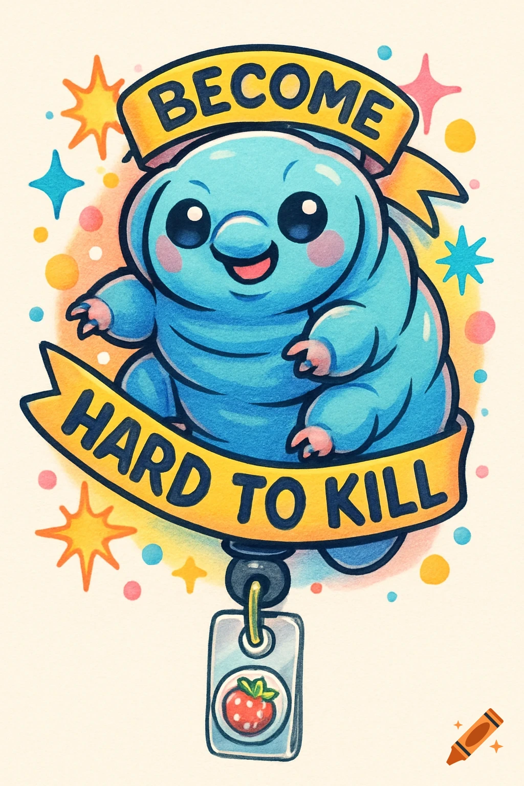 A cute blue cartoon tardigrade holds a yellow banner that reads "BECOME HARD TO KILL", with a strawberry badge reel below.