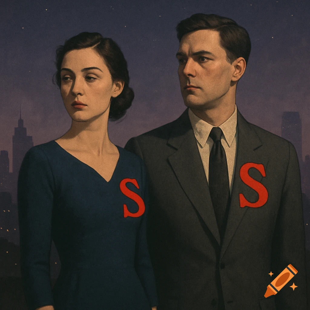 A painted portrait of a man in a suit and a woman in a blue dress, both with a red 'S' on their chest, standing before a city skyline at dusk.