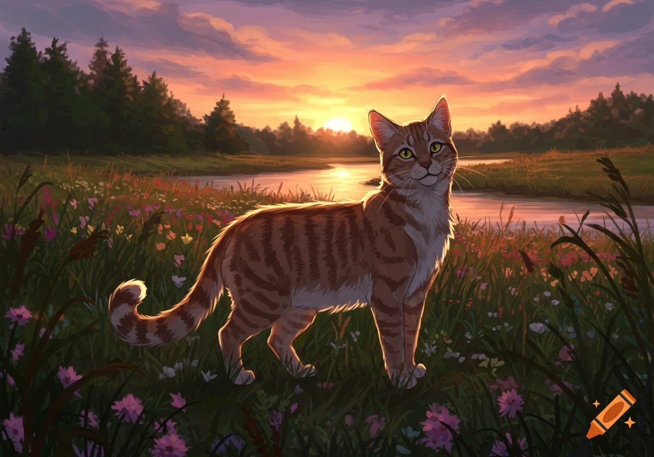 A striped tabby cat stands in a field of wildflowers at sunset, with a river and a dark forest in the background.