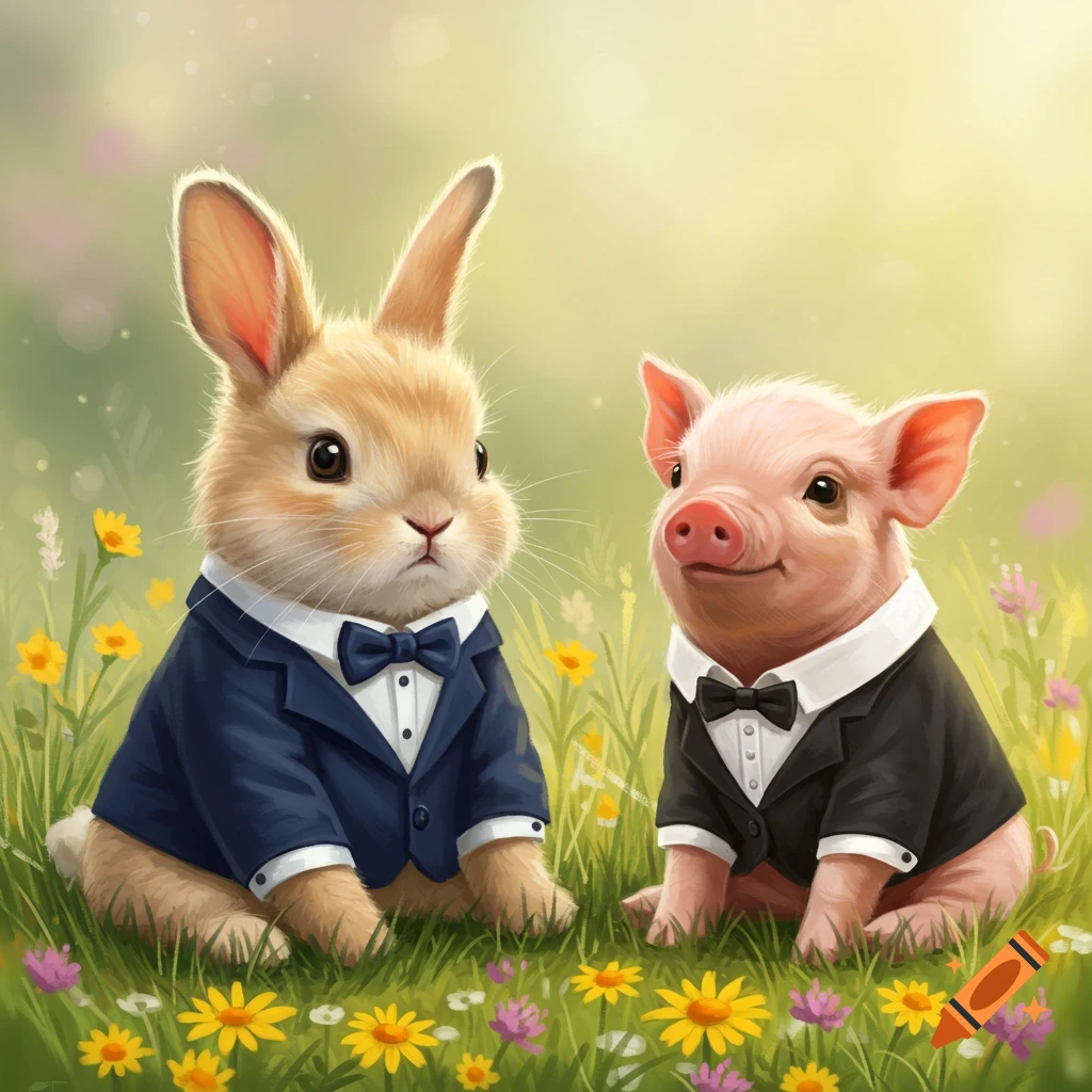 A cute baby bunny in a blue suit and a pink piglet in a black suit sit among colorful flowers in a sunny field.