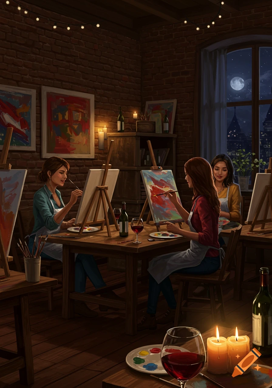 Three women paint abstract art on easels in a cozy, dimly lit art studio with brick walls, string lights, wine, and a moonlit window.