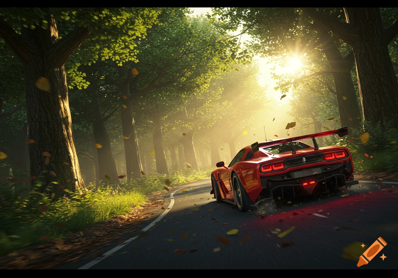 A red racing car speeding down a winding forest road with sunlight beaming through the trees and leaves falling.