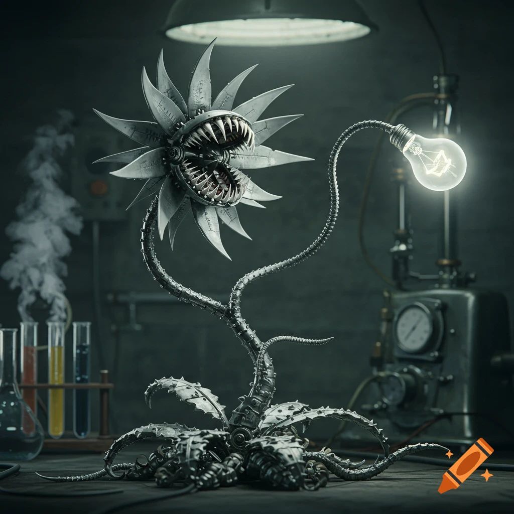 A detailed mechanical carnivorous plant with sharp teeth, a light bulb on a tendril, in a smoky, dimly lit laboratory.