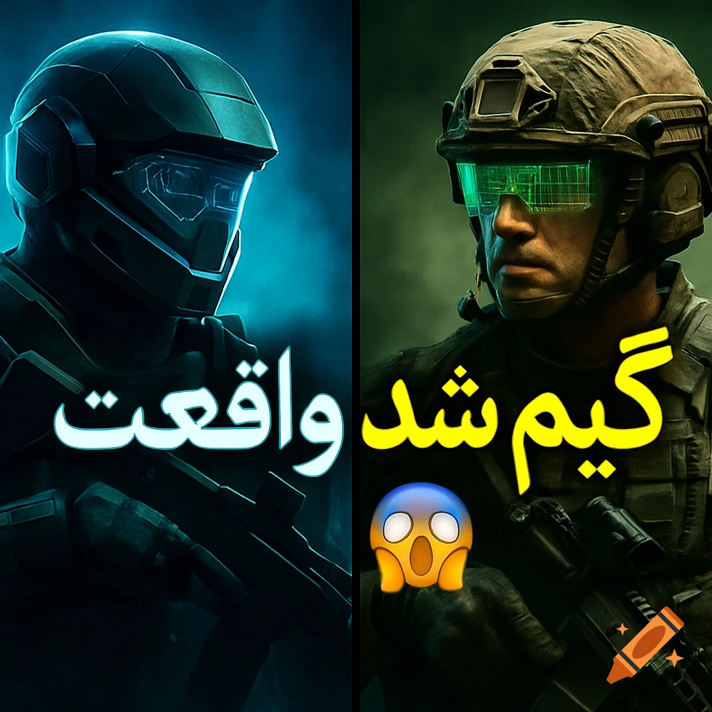 A split image shows a futuristic video game soldier on the left and a real soldier with green HUD goggles on the right, with Arabic text and a shocked emoji in the center.