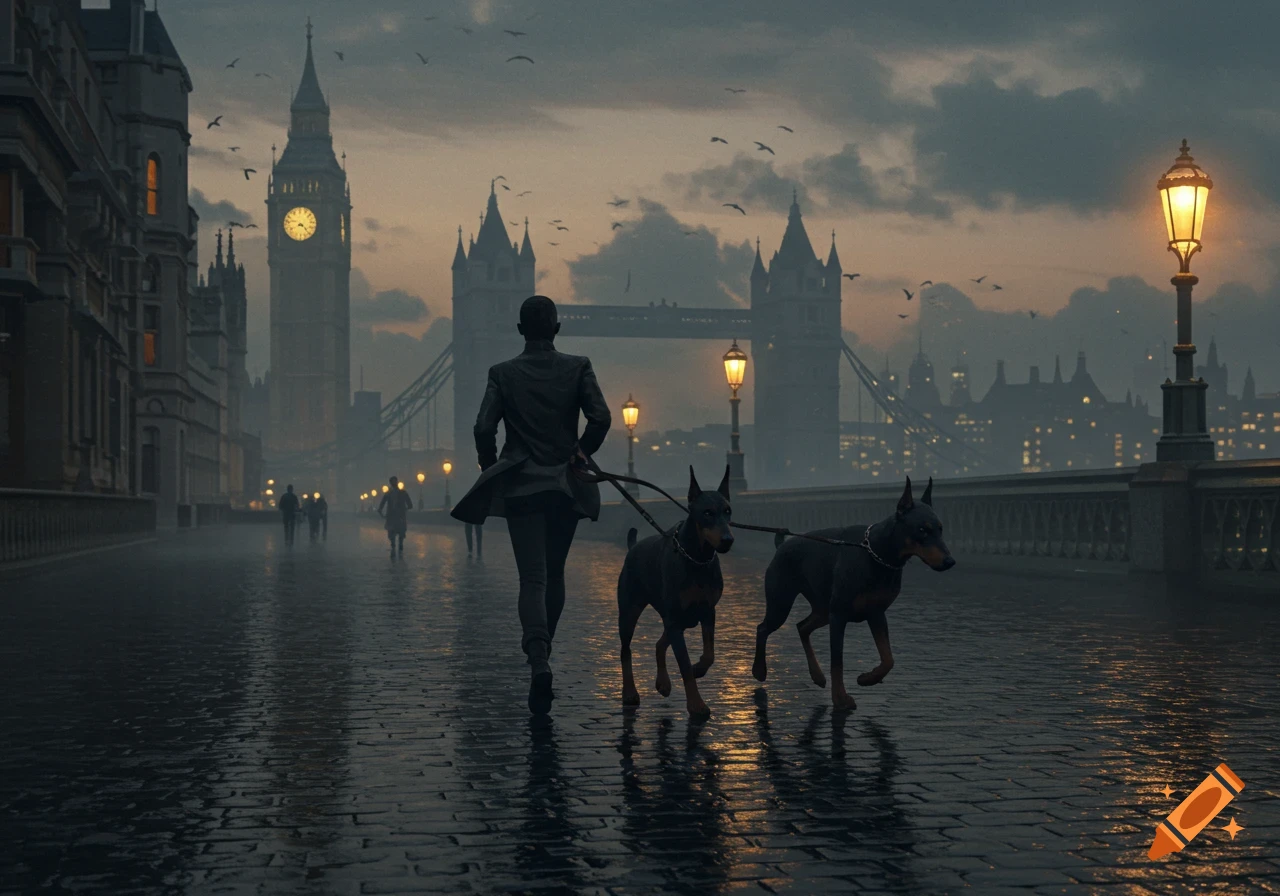 A person walks two Dobermans on a wet London street at dusk, with Big Ben and Tower Bridge visible in the atmospheric background.