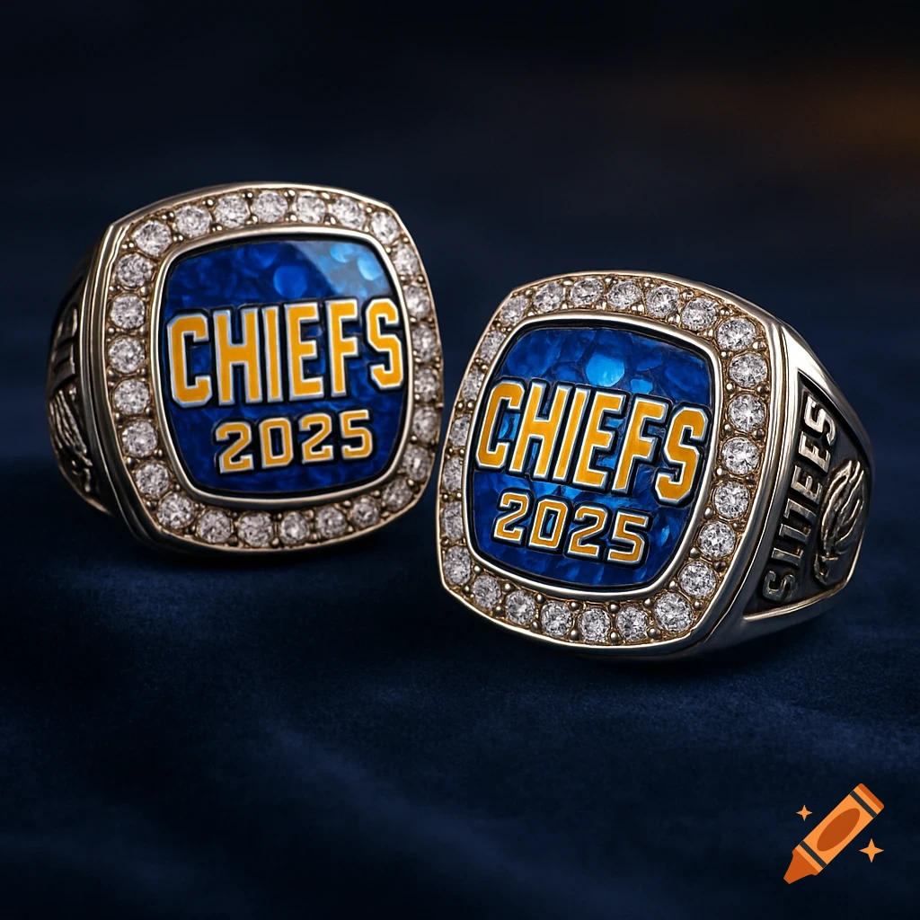Two ornate gold and blue championship rings, sparkling with diamonds, engraved with "CHIEFS 2025," resting on a dark blue surface.