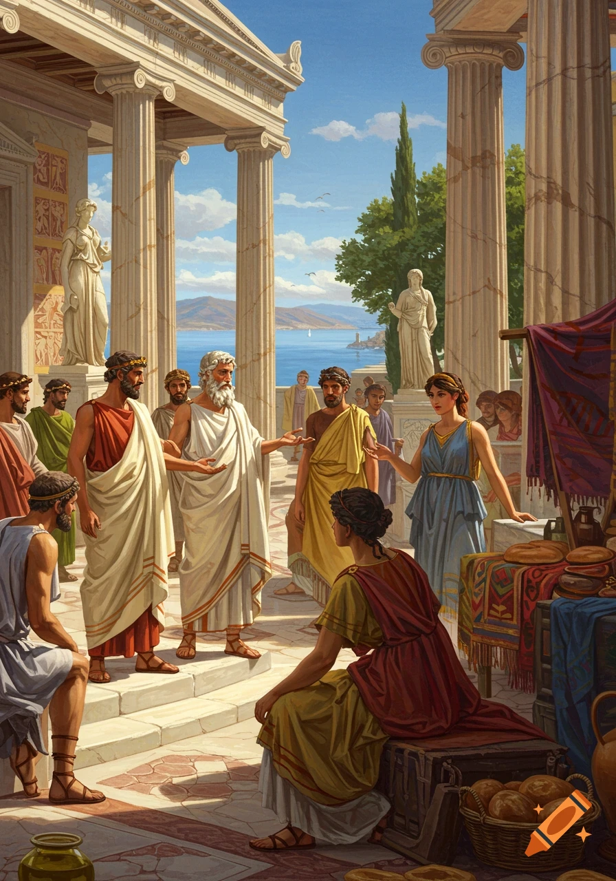 Detailed illustration of people in ancient Greek togas conversing in a classical columned marketplace overlooking the sea.