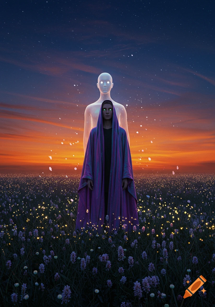 A cloaked figure with glowing green eyes stands in a field of glowing flowers, with a translucent glowing figure behind them against a starry sunset sky.
