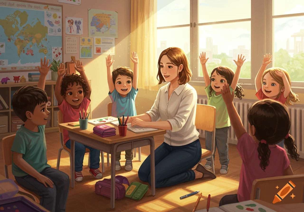 A diverse group of cheerful elementary school children raise their hands in a sunny classroom while their teacher sits at a desk.