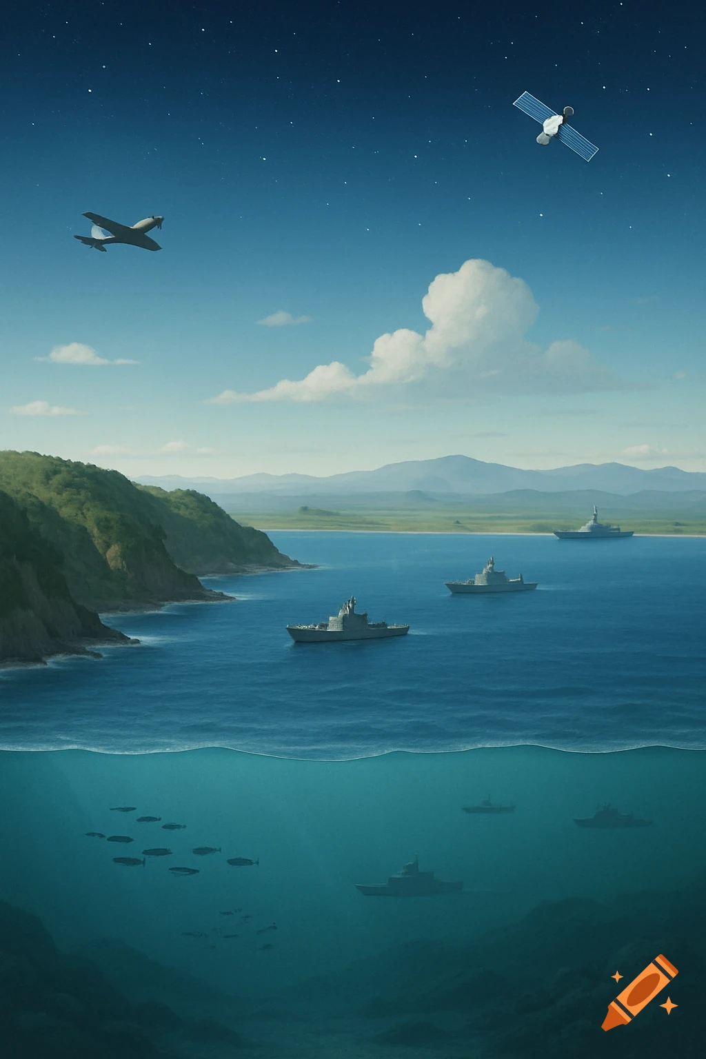 An illustrated multi-domain view with navy ships, underwater vehicles, a plane, and a satellite over a coastal landscape.