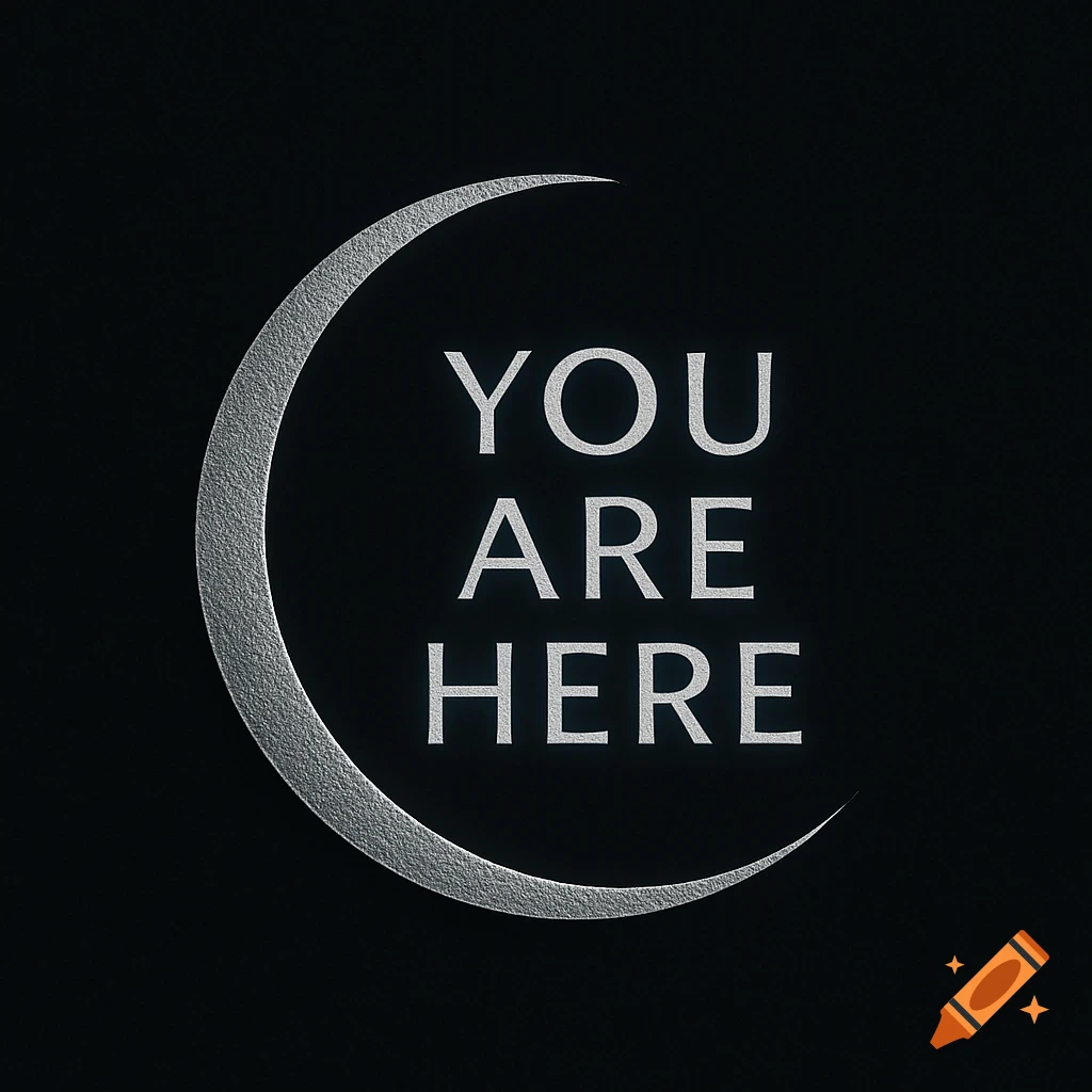 Silver crescent moon shape with textured surface and the text "YOU ARE HERE" on a black background.
