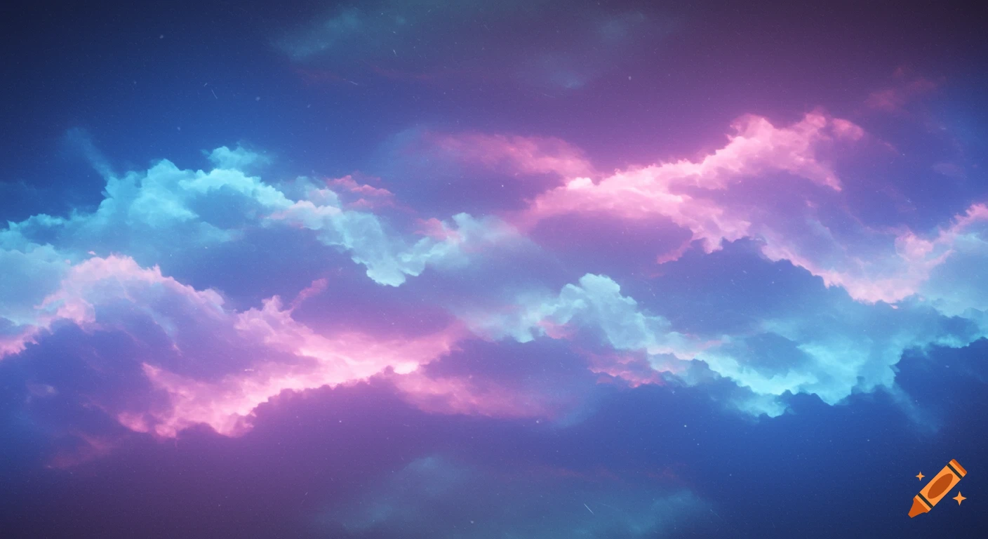 Abstract swirling pink and blue neon clouds in a dark, star-speckled sky.