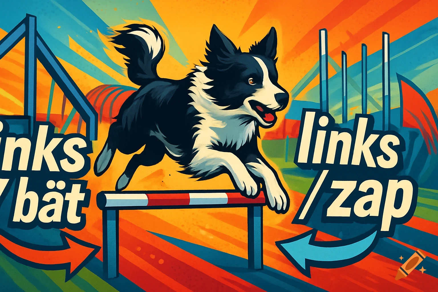 A stylized illustration of a black and white Border Collie dog jumping over a red and white agility hurdle. The background is a vibrant, abstract design with elements of an agility course. Text reads "links / bät" on the left with an orange arrow, and "links / zap" on the right with a blue arrow.