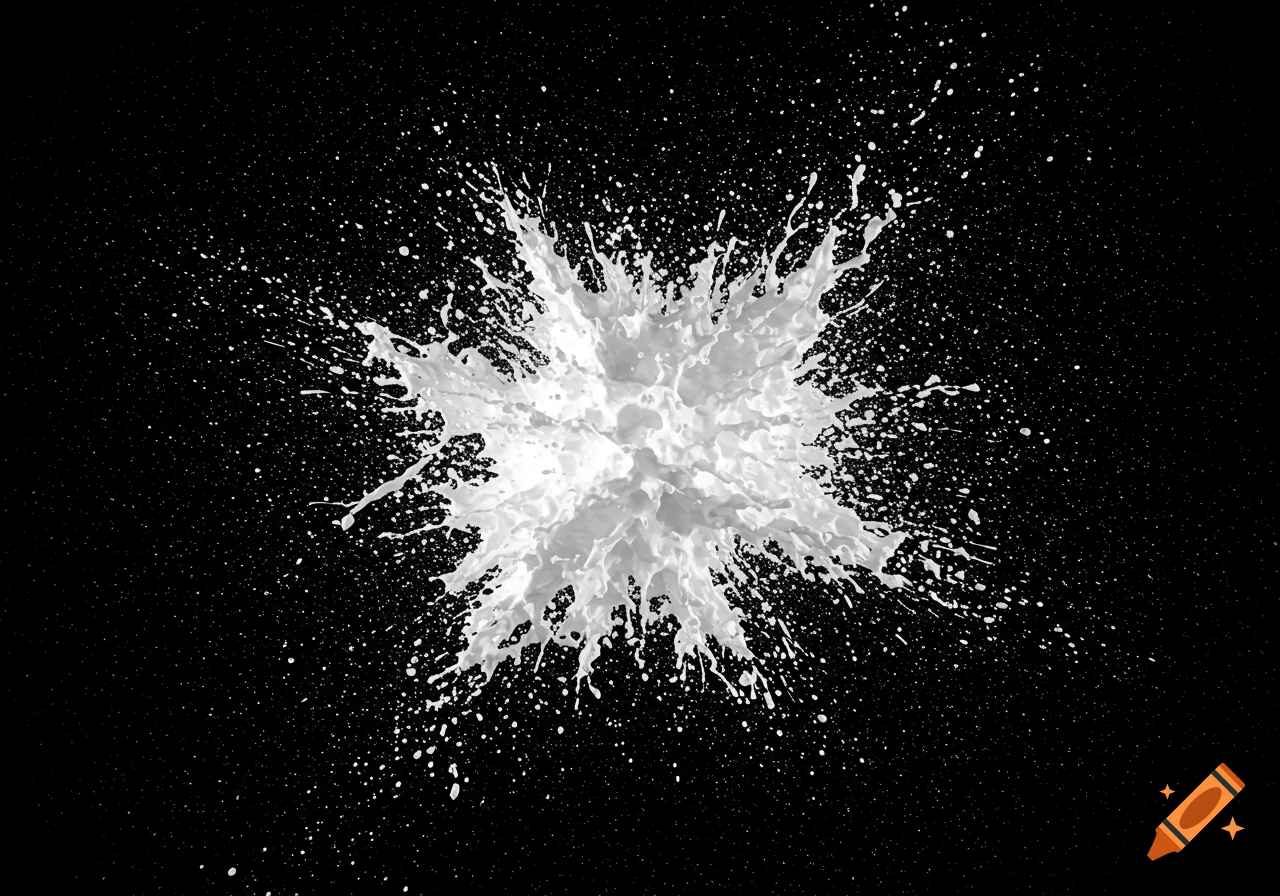 A bright white paint splatter explodes outward against a solid black background.