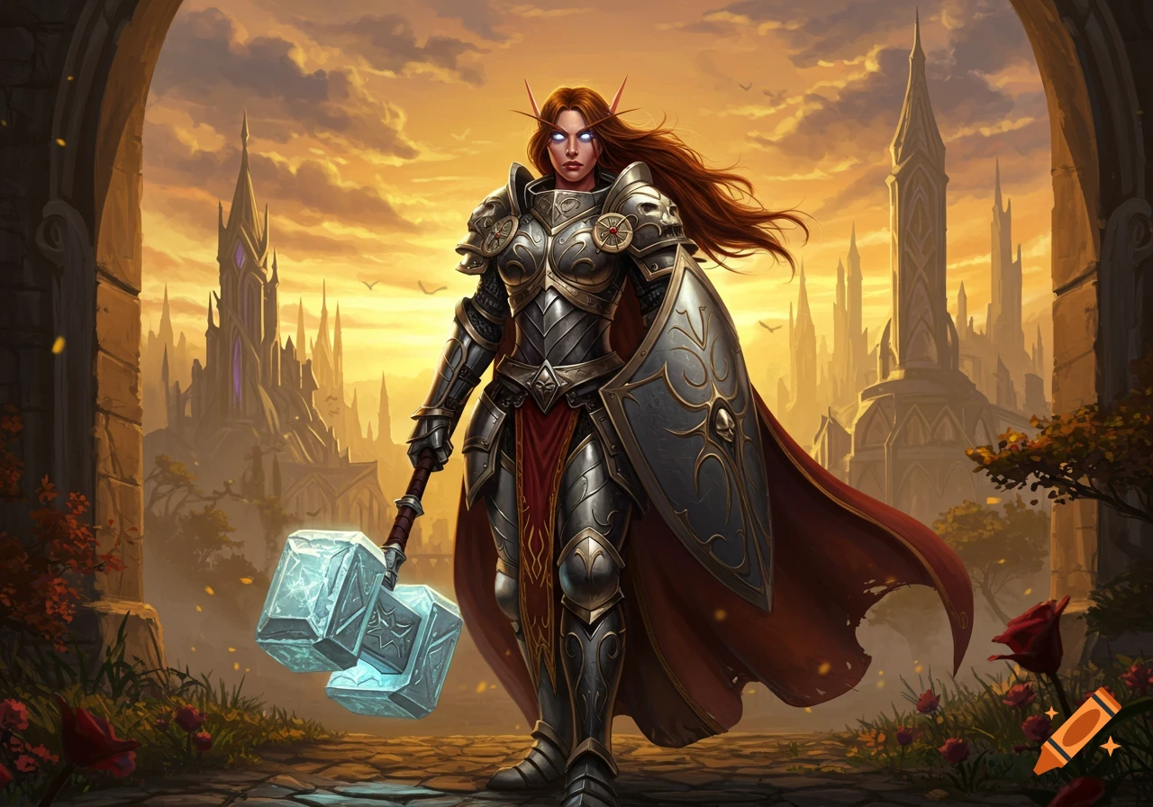 A female blood elf paladin in intricate armor, holding a glowing hammer and shield, stands before a fantasy castle at sunset.