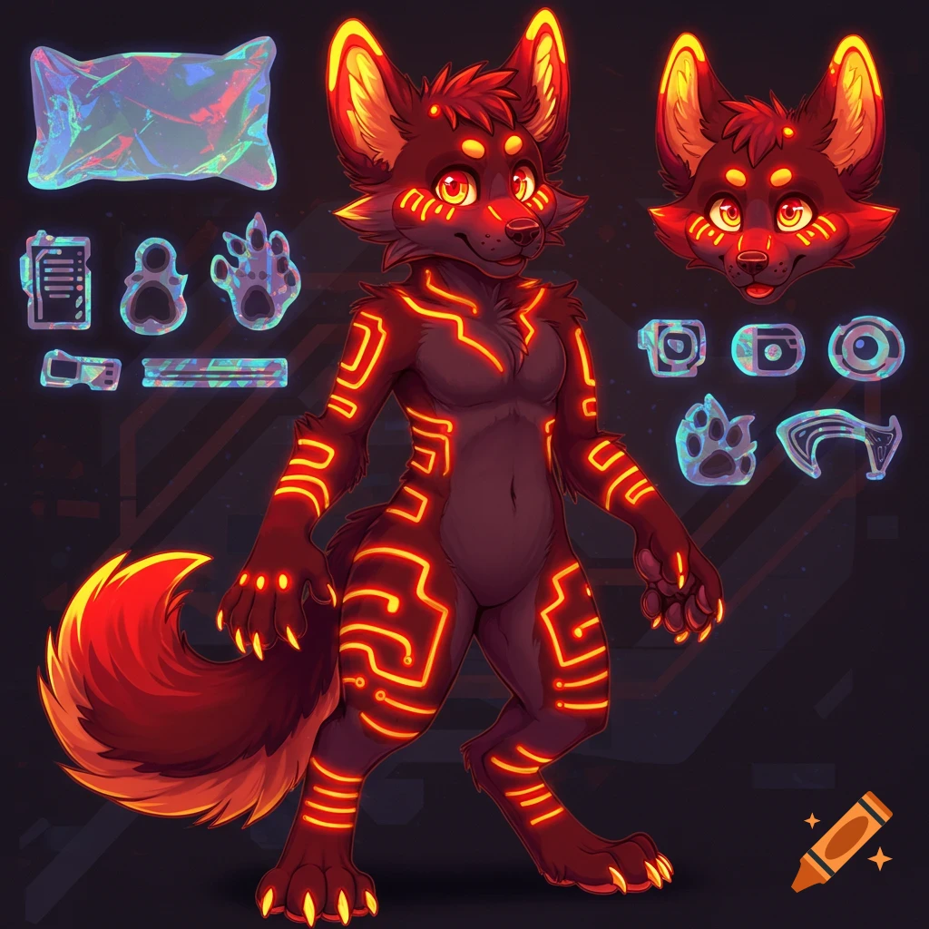 Full-body reference sheet of a red and yellow neon canine furry with glowing circuit patterns, depicted with additional head and accessory details.