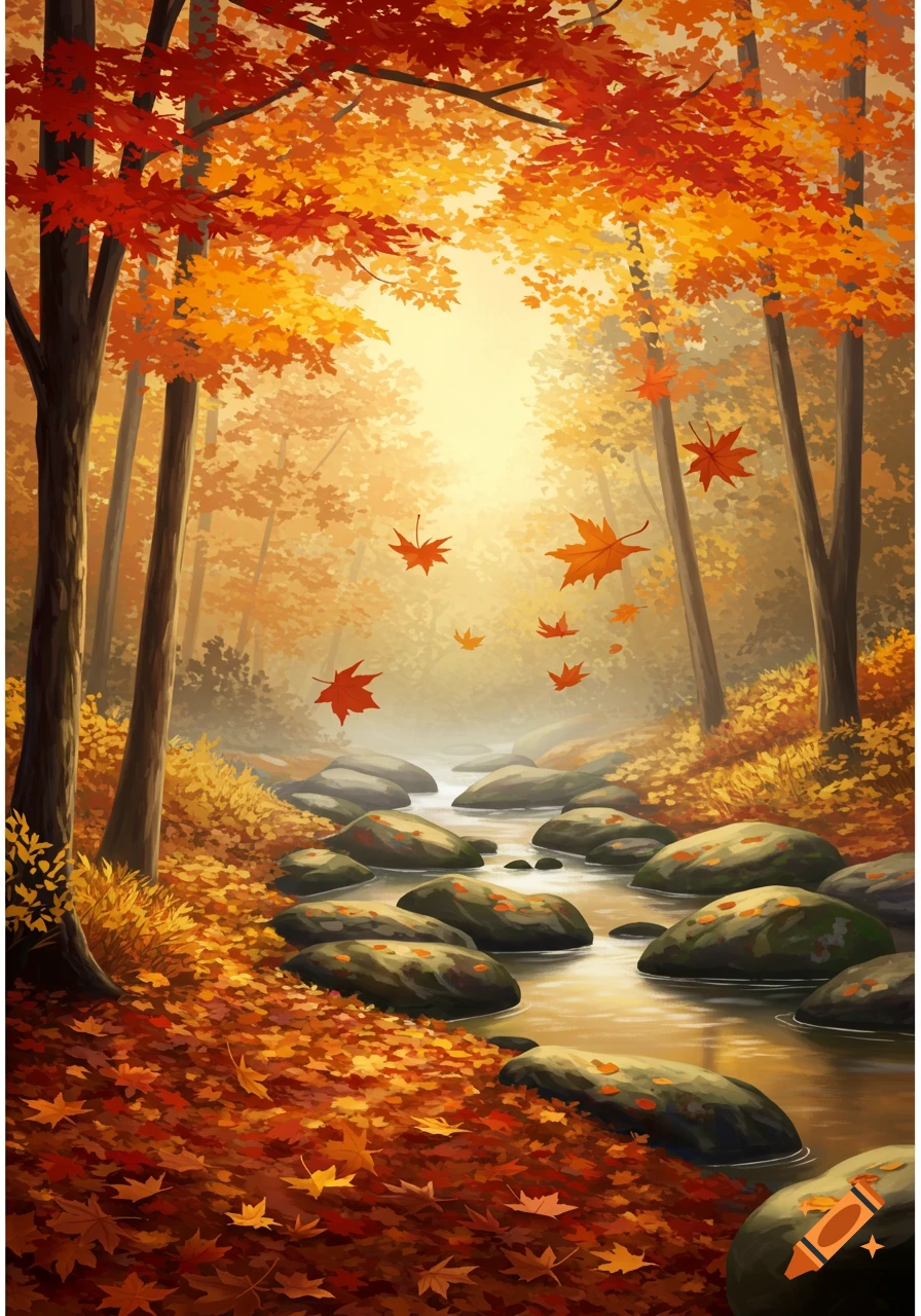 Vibrant autumn forest illustration with red and orange leaves, a sunlit path, and a rocky stream flowing through it.