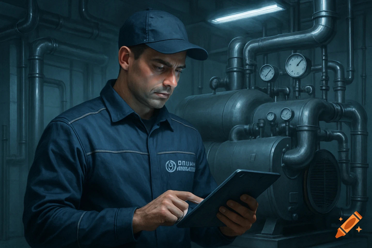 A male technician in a blue uniform and cap uses a tablet in an industrial room with pipes and large machinery.