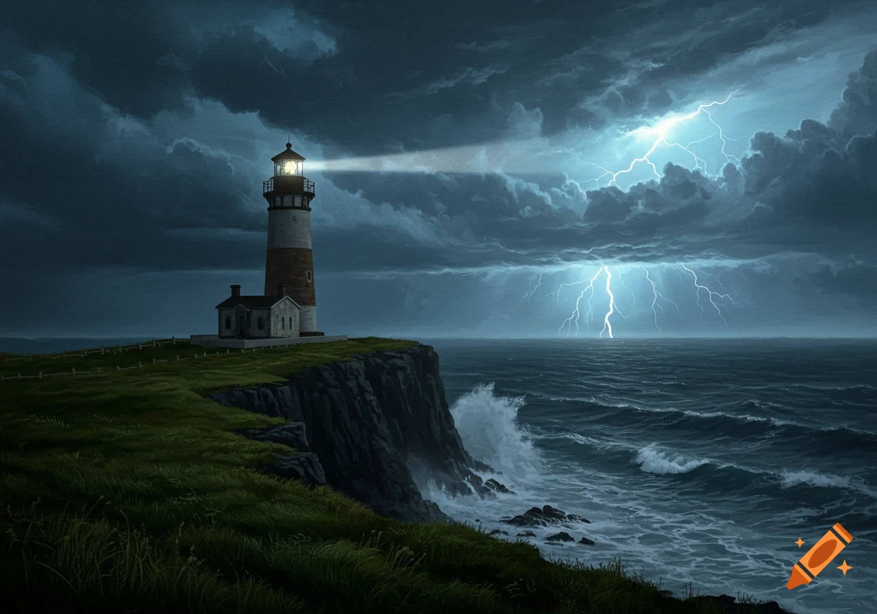 A lighthouse on a grassy cliff overlooks a stormy ocean under a dark, cloudy sky with bright lightning.
